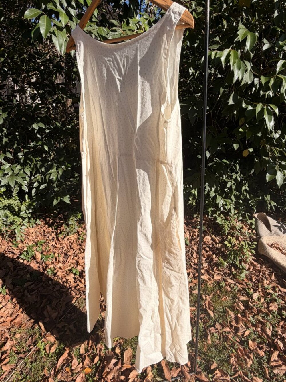 Cream Linen Boho Midi Dress with Pockets One Size Layering Cottagecore